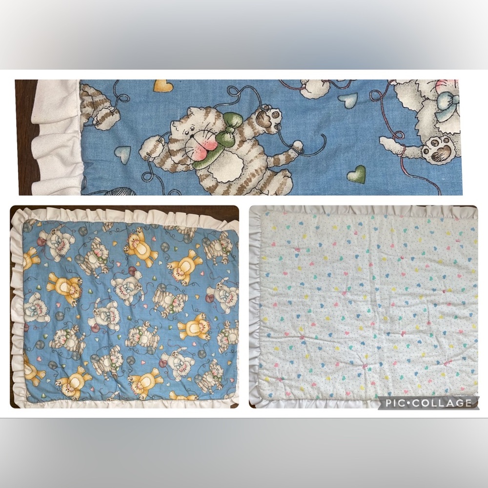 Vintage Handmade Baby Blanket Cats w Yarn & Hearts White Ruffled Trim